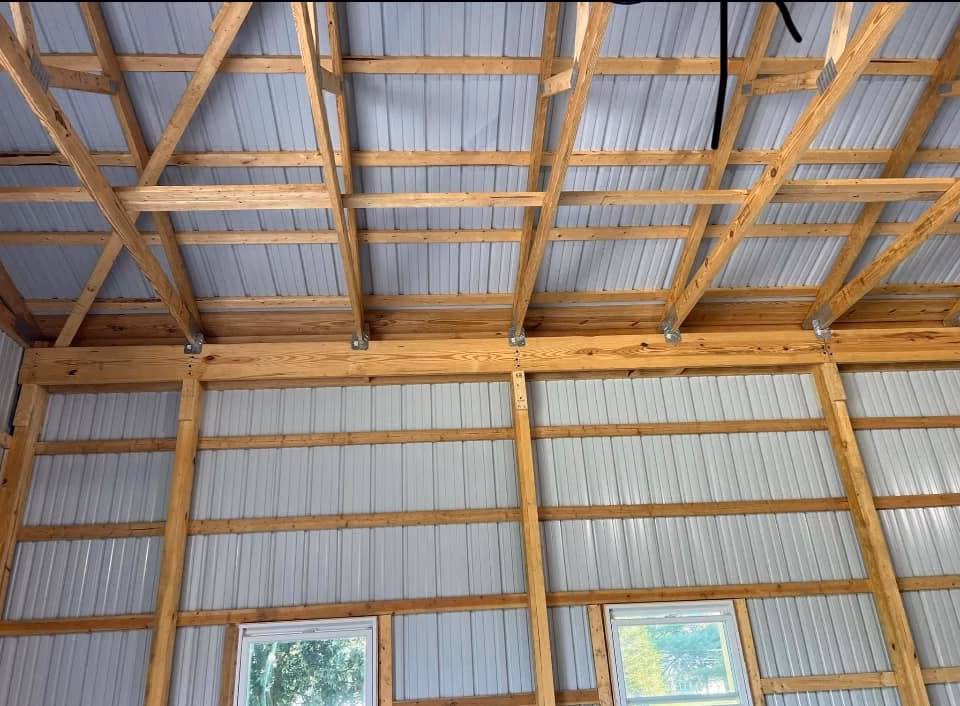 interior view of pole-barn framing on a building